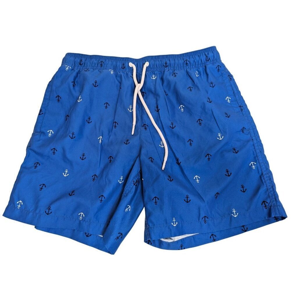 Amazon Essentials Men size M Swim Trunks Blue Anchors Elastic Waist Pockets Fun